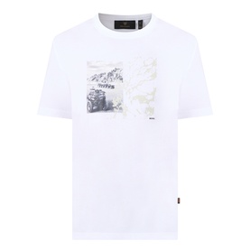 Hugo Boss Orange Te Motors Logo Graphic T-Shirt in white, crew neck, short sleeves, motor graphic print on chest
