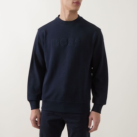 Model wearing Hugo Boss Orange dark blue cotton crew neck sweatshirt with tonal embossed BOSS logo to chest