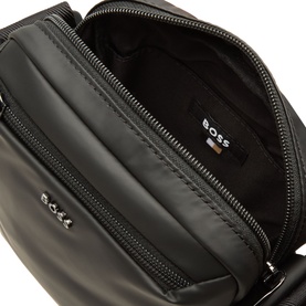 Hugo Boss Jace Messenger Bag in black, open showing interior compartment, zip fastening, gunmetal-tone hardware and logo detail visible
