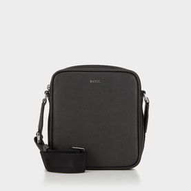 Hugo Boss black leather crossbody bag with silver-tone zip, adjustable webbing shoulder strap and BOSS logo detail