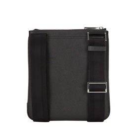 Hugo Boss black bonded leather crossbody bag with silver-tone zip, wide textile strap and silver buckle detail, back view