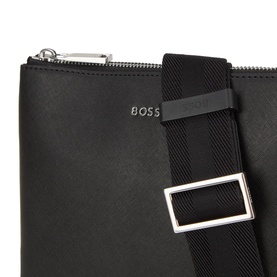 Hugo Boss black bonded leather crossbody bag, silver-tone zip and buckle detail, woven textile shoulder strap with branded tab