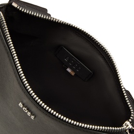 Hugo Boss black bonded leather crossbody bag, interior view showing silver zip, main compartment and branded patch pocket