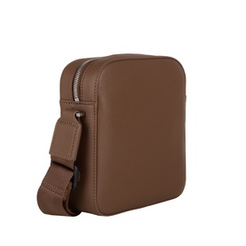 Hugo Boss RayNS Logo Reporter Bag in medium brown faux grained finish, top zip fastening, silver-tone hardware, adjustable crossbody strap