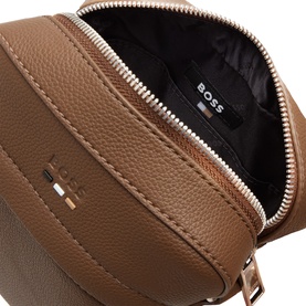 Hugo Boss RayNS Logo Reporter Bag in medium brown faux grained finish, open top zip showing black interior with BOSS branding, silver-tone hardware