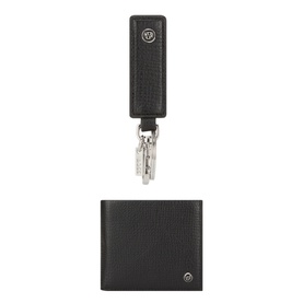 Hugo Boss black leather giftset with bifold wallet and rectangular keyring, both with embossed texture and silver-tone logo detail