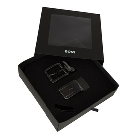 Hugo Boss Gifflet-G Reversible Belt Giftset in black leather, two interchangeable buckles, presented in branded black gift box