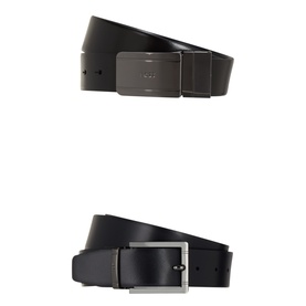 Hugo Boss Gifflet-G Reversible Belt Giftset in black leather, showing two belt options with gunmetal square buckles