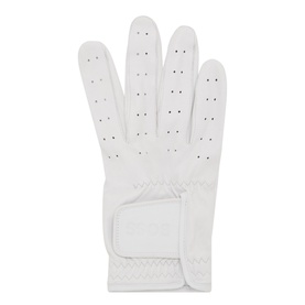 Hugo Boss men's golf glove in natural white, perforated leather upper with textured palm grip and adjustable cuff strap