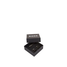 Hugo Boss B-Texture Logo Cufflinks & Tie Clip Gift Set in silver tone, presented in black branded gift box