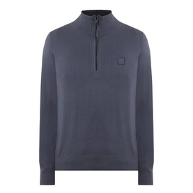 Hugo Boss Orange Kanobix Half-Zip Sweater in dark blue, fine-knit finish with funnel neck, half-zip, and small logo badge detail.