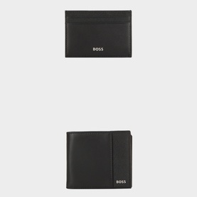 Hugo Boss black goat leather gift set containing bifold wallet and card holder, both with silver logo lettering
