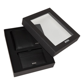 Hugo Boss black leather giftset in open branded box, featuring a bifold wallet and slim cardholder, both in goat leather