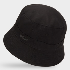 Hugo Boss Finnian Logo Bucket Hat in black with rubberised logo, narrow stitched brim and ventilation eyelets