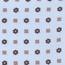 Hugo Boss light blue lyocell pocket square with alternating dark navy floral and beige four-petal motif pattern throughout