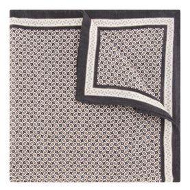 Hugo Boss black silk pocket square with geometric print and white contrast border trim