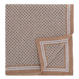 Hugo Boss medium beige silk pocket square with geometric diagonal weave pattern and contrast border trim