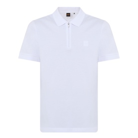 Hugo Boss Orange Passertip Logo Polo Shirt in white with half-zip placket, short sleeves, ribbed cuffs, and tonal logo detail