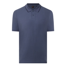 Hugo Boss Orange Phoenix Logo Tipped Polo Shirt in dark blue with tonal tipped collar, short sleeves, and button fastening