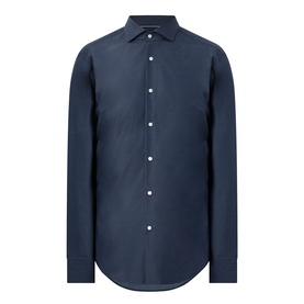 Hugo Boss dark blue 100% cotton formal shirt with spread collar, button placket, and single cuffs