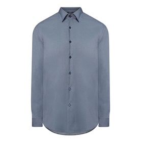 Hugo Boss Hank Performance Stretch Single Cuff Shirt in dark blue with pointed collar, navy buttons, long sleeves, and curved hemline.