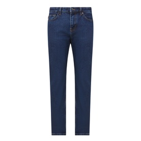 Hugo Boss Orange Delaware Slim Fit Jeans in navy, slim-fit regular rise with zip closure, belt loops, and front and back pockets