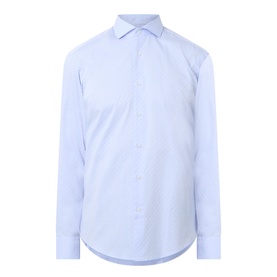 Hugo Boss light blue cotton formal shirt with classic collar, single cuffs, and curved hem. Regular fit.