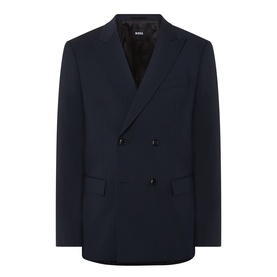 Hugo Boss Houston Double-Breasted Suit Jacket in dark blue with peak lapels, front button fastening, chest welt pocket and flap hip pockets.