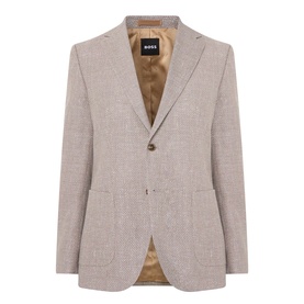 Hugo Boss Hutson Single-Breasted Suit Jacket in medium beige, notched lapels, patch pockets, button fastening, wool-linen blend