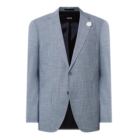Hugo Boss Janson Single-Breasted Suit Jacket in dark blue tonal check, notch lapel, single button, patch pockets, with lapel pin