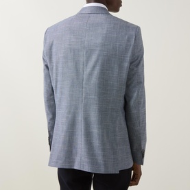Model wearing Hugo Boss Janson Single-Breasted Suit Jacket in dark blue tonal check, rear view showing notch lapel and rear vents