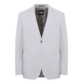 Hugo Boss Open Grey suit jacket, single button fastening, notch lapels, flap pockets and white pocket square detail