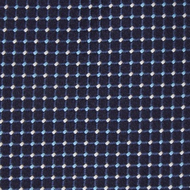 Navy silk tie with repeating geometric dot pattern in blue and white