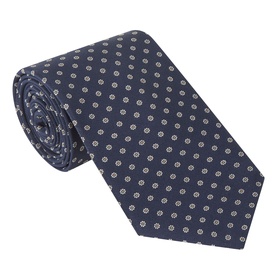Hugo Boss Floral Print Tie in dark blue with small circular floral pattern, wide blade, pointed tip, lined construction