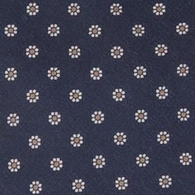 Hugo Boss Floral Print Tie in dark blue with allover white and tan floral pattern, wide blade, pointed tip, lined construction
