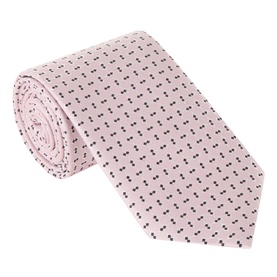Hugo Boss Jacquard Print Tie in medium pink with woven dot pattern, wide blade and pointed tip, rolled to show texture