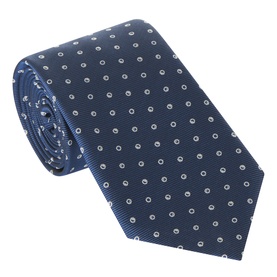 Hugo Boss Jacquard Print Tie in dark blue with small circle dot pattern, wide blade, pointed tip and lined construction