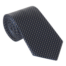 Navy silk tie with small white geometric dot pattern, rolled to show texture and width