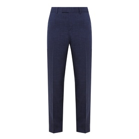 Hugo Boss dark blue tailored trousers with pressed front crease, belt loops, and tapered leg in wool-linen blend