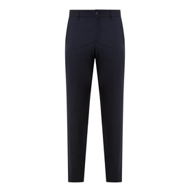 Hugo Boss dark blue slim-fit trousers in wool blend, featuring side pockets and a flat-front waistband with button fastening.