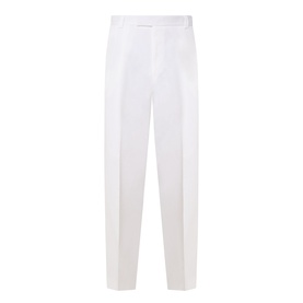 Hugo Boss open white cotton-blend tailored trousers with front crease, belt loops, and tapered leg silhouette