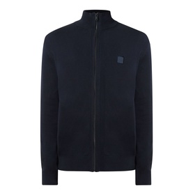 Hugo Boss Orange dark blue cotton cashmere zip-through knit cardigan with funnel neck and tonal logo patch