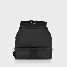 Hugo Boss black polyester wash bag with dual zip compartments, roll-top closure, and matte black hardware