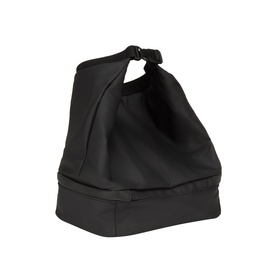 Hugo Boss black polyester wash bag with structured base, top handle, and black clip fastening