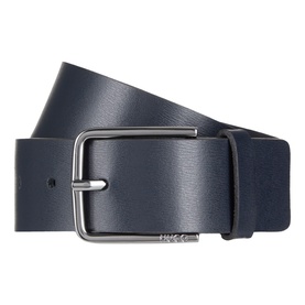 Hugo navy leather belt with gunmetal rectangular buckle and logo engraving, smooth finish
