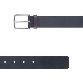 Hugo navy leather belt with silver-tone buckle and red contrast stitching detail