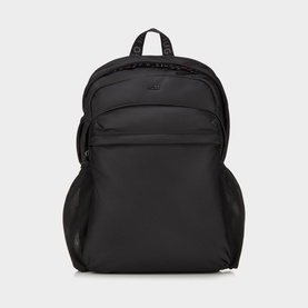 Hugo black polyester backpack with multiple front zip pockets, side pockets, and branded webbing top handle