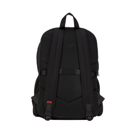 Hugo black polyester backpack, rear view showing padded shoulder straps, mesh side pocket and top carry handle