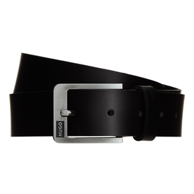 Hugo GroverSZ35 black leather belt with brushed silver-tone square buckle and embossed logo detail