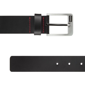 Hugo GroverSZ35 black leather belt with brushed silver-tone buckle, red contrast stitching, and embossed logo detail, shown flat
